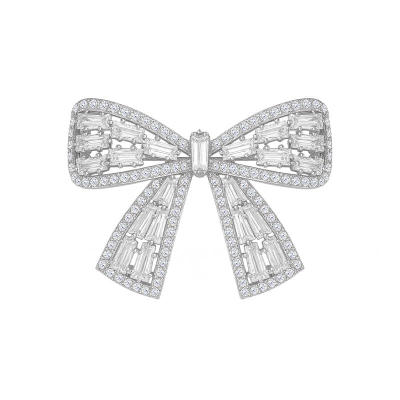 VAMA FASHIONS Elegant 18K Silver Plated Bow Shape Sparkling Crystal AD Stone Ribbon Design Brooch Pin Saree Dress Jewelry for Women & Girls