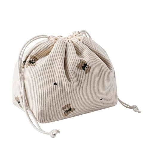 Cute Soft Corduroy Drawstring Makeup Bag with Canvas Lining Coquette Aesthetic Drawstring Cosmetic with Bear Pattern for Women Girls Kawaii Travel Makeup Organizer Case04 Light Taupe
