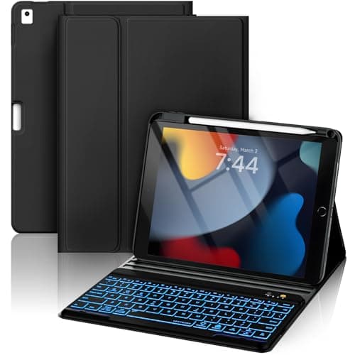 OYEEICE for iPad 9th Generation Case with Keyboard 10.2'' - 7 Color Backlit Wireless Keyboard Cover with Pencil Holder for iPad 9th/8th/7th Gen 10.2 inch, iPad Air 3rd Gen & iPad Pro 10.5" - Black
