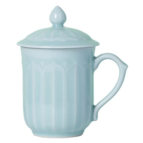 Tingyework Porcelain Lotus Tea Cup with Lid and Handle, 12 oz Unique Coffee Mug, Microwave Dishwasher Safe, Gifts for Women and Men, Aesthetic Chinese Celadon 1 Pack (Ivory Blue)
