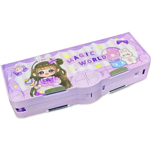 FunBlast Plastic Kids Pencil Box for Girls - Multifunctional , Double Compartment Magnetic , Pop Up Geometry, Stationary for Return Gifts, Multicolour
