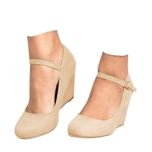 Coutgo Womens Wedge Pumps Dressy Mary Jane Shoes Comfort Wedges Closed Toe Ankle Strap Heeled Shoes Nude