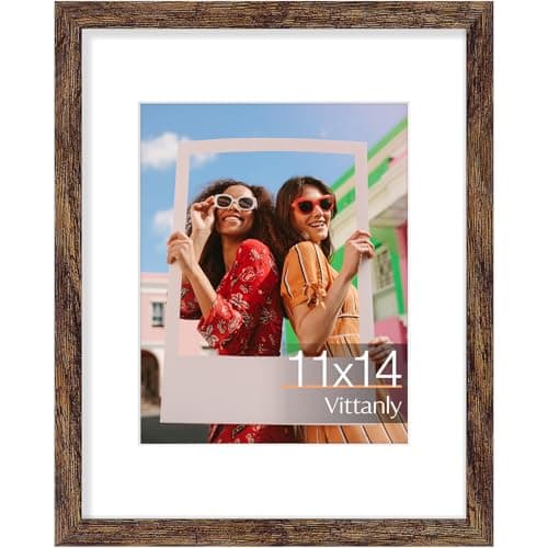 Vittanly 11x14 Picture Frame, Engineered Wood with Shatter Resistant Plexiglass, Display Pictures 8x10 with Mat or 11x14 without Mat, Photo Frame for Wall Mounting, Rustic Brown, 1 Pack