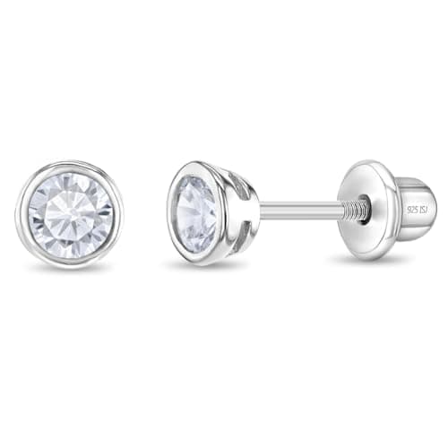 In Season Jewelry Sterling Silver 4mm Bezel Cubic Zirconia Toddler Girls Safety Screw Back Earrings - Lightweight and Hypoallergenic Safe for Babies Girls (Clear CZ)