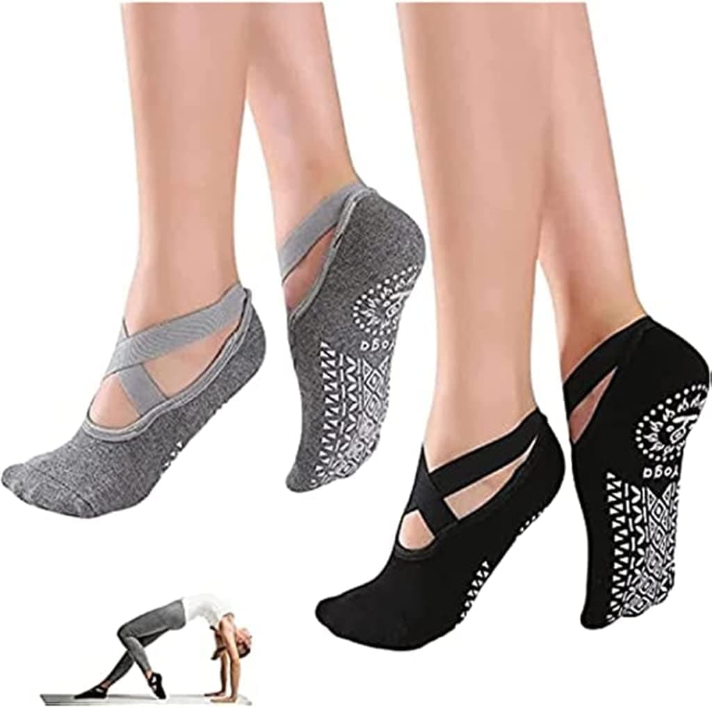 2 Pairs Yoga Socks, One Size Fitness Sport Sock Dance of Socks with Non-Slip Grips for Women Pilates Ballet Barre Socks Barefoot Workout Socks, Grey and Black