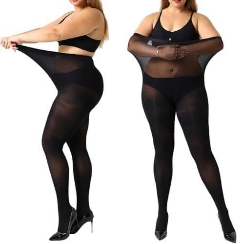 MANZI Women's Control Top Plus Size Tights for Women High Waist Opaque Pantyhose 2 Pairs Black XXX-Large