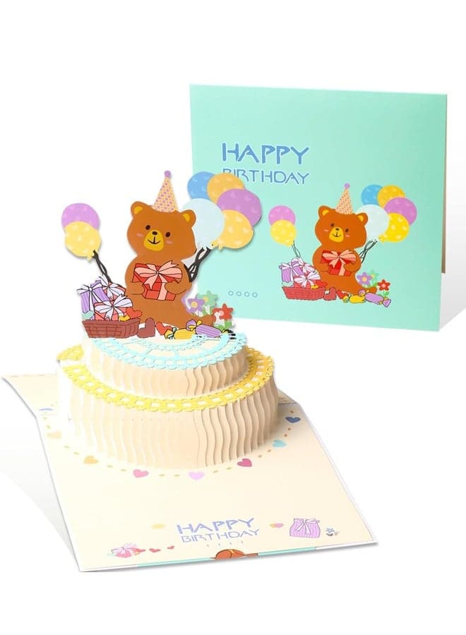 3D Pop-Up Birthday Card with Cute Bear & Balloon Cake – Adorable Stand-Up Birthday Greeting Card