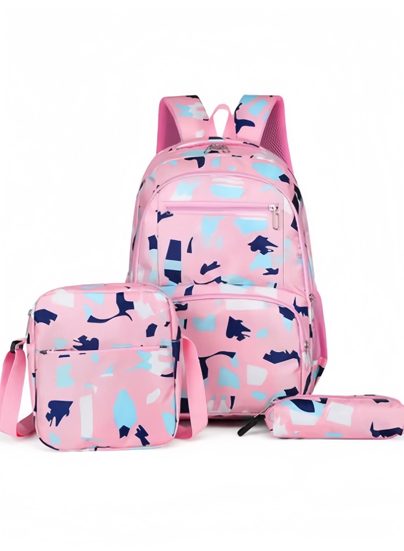 3 PCS Geometry Printed Backpack Cute Teen Backpacks for Girls,Waterproof Wearable Lightweight Nylon Bookbags with Crossbody Bag and Pencil Case