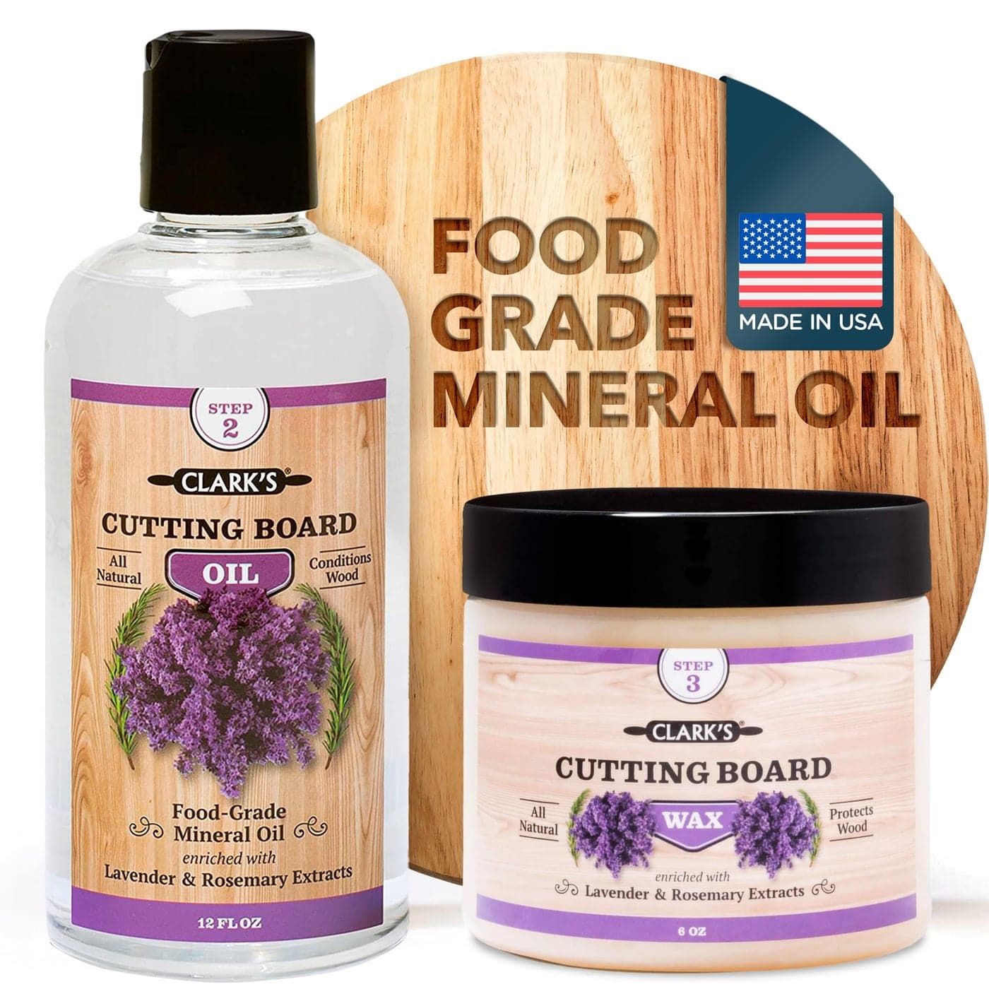 CLARK'S Food Grade Mineral Oil (12oz) and Carnauba Wax (6oz) Set - 100% Natural Butcher Block Oil and Cutting Board Wax - Food Safe Beeswax and Wood Cutting Board Oil with Lavender & Rosemary Extract