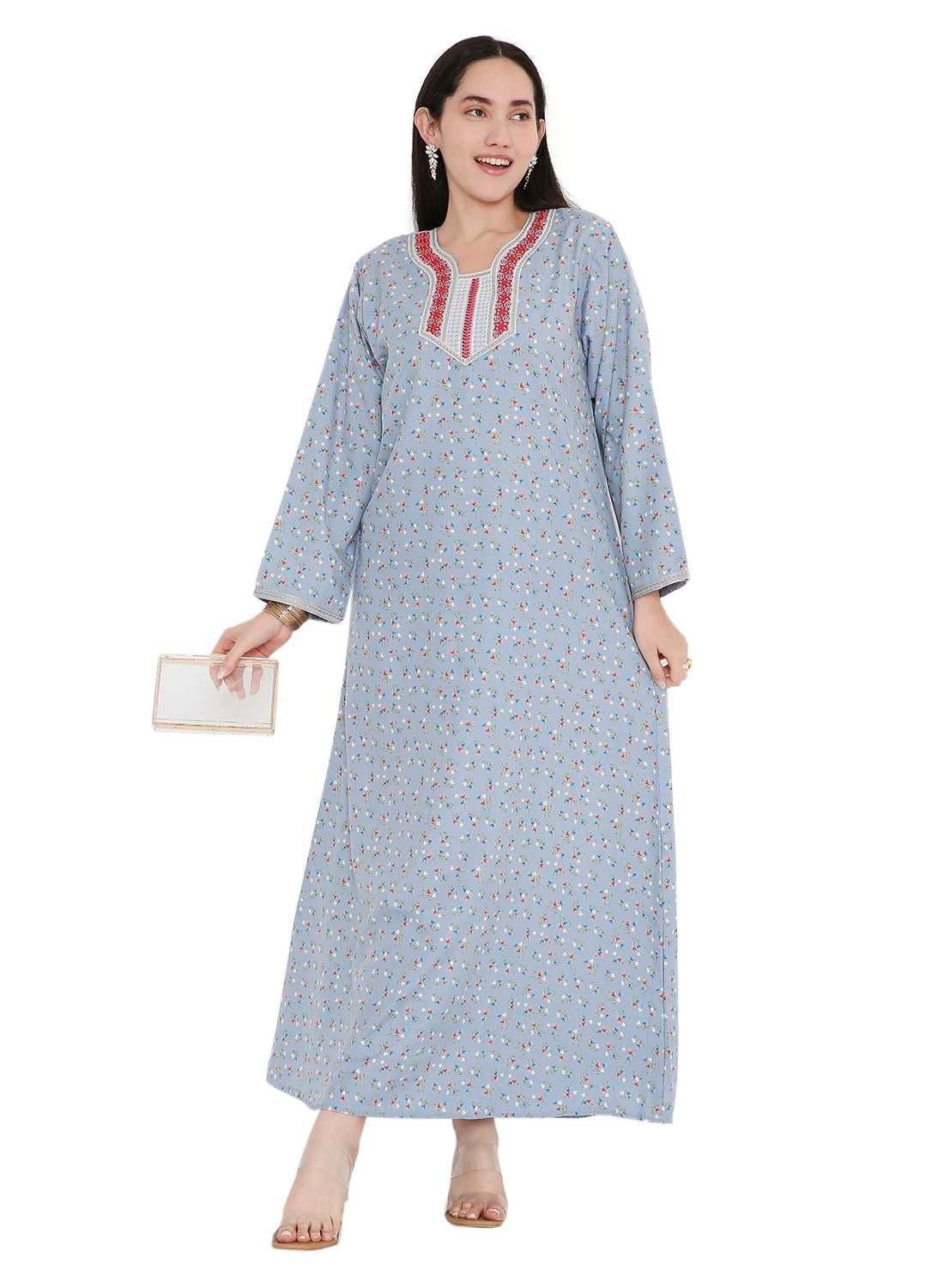 CASUAL ARABIC FARASHA JALABIYA DRESS WITH A TINY FLOWER PRINT AND A UNIQUE THREAD EMBROIDERY ON THE NECK — XL