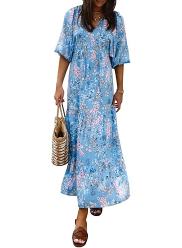 miduo Womens Maxi Dress Fashion V Neck Summer Short Sleeve Floral Bohemian Boho Beach Long Dresses Garden Dresses L