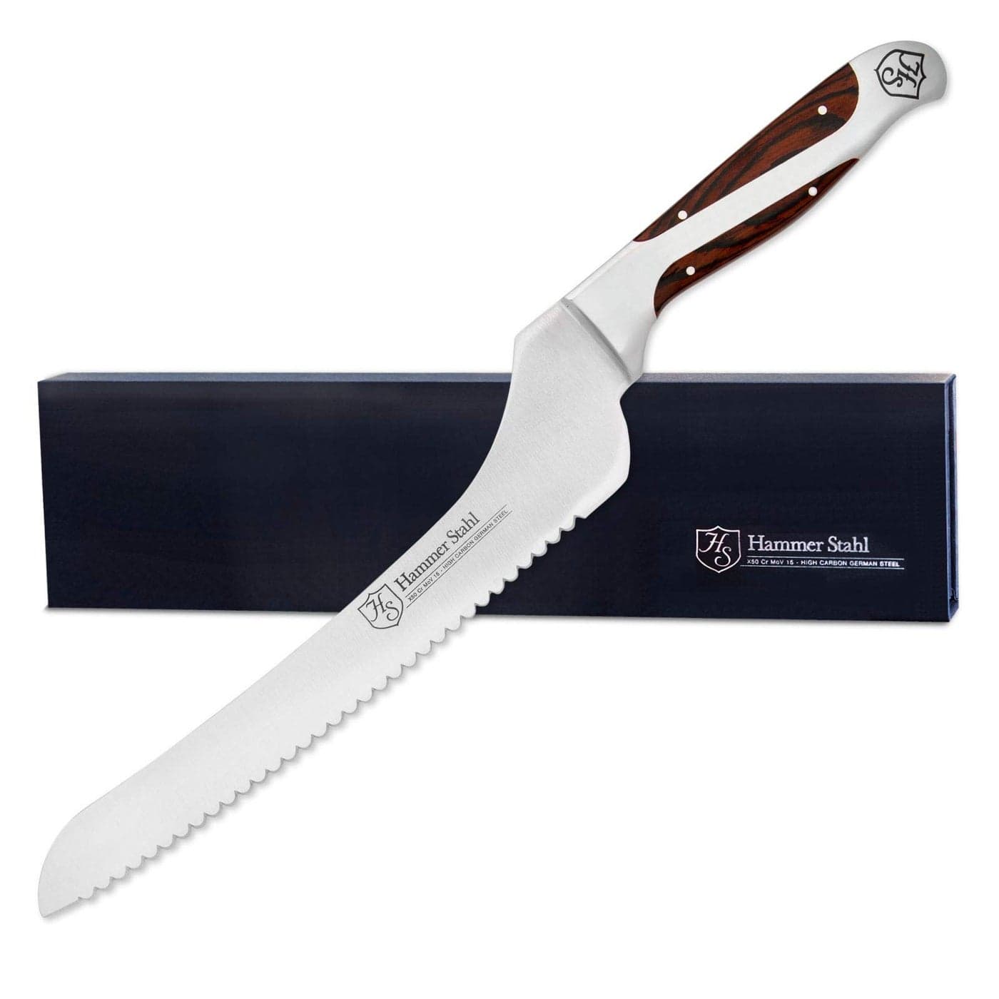 Hammer Stahl 9Inch Offset Bread Knife Scallop Serrated Blade High Carbon German Steel Ergonomic QuadTang Pakkawood Handle