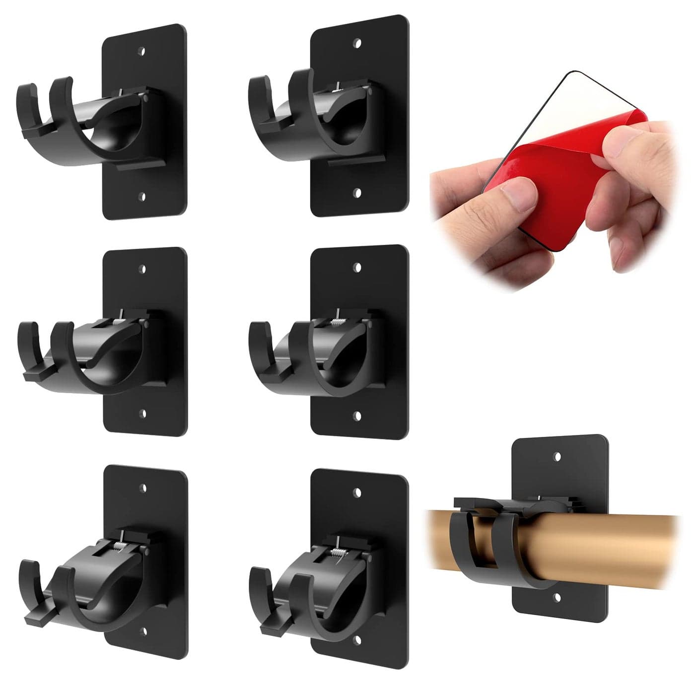 CIEMGNZOC 6Pack Curtain Bracket Holders Universal SelfAdhesive Wall Mounts Fits 06 to 15 Rods Black