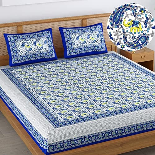 Colorish Cotton Blend Elephant Printed Jaipuri Super King Size Double Bedsheet, Blue