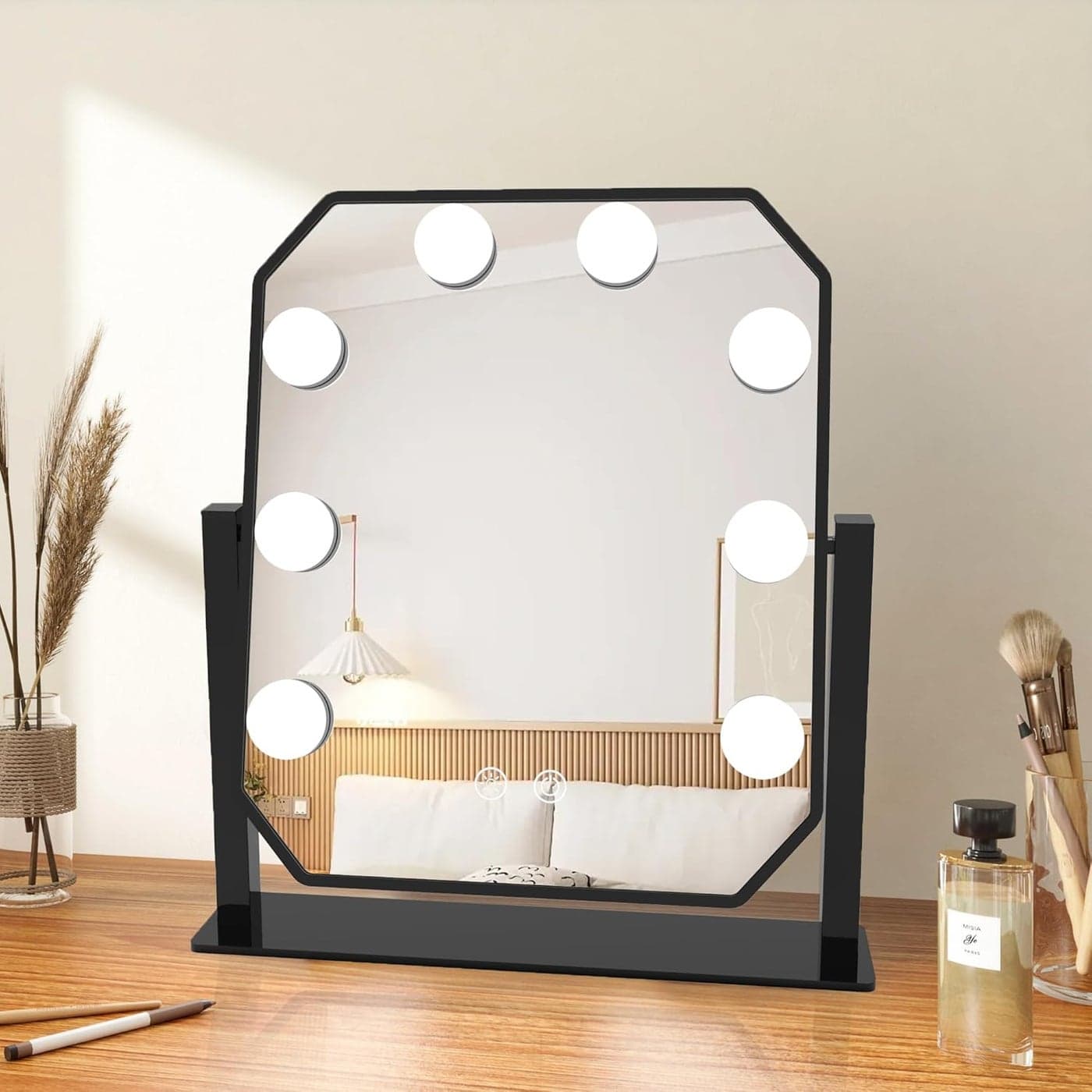 Vanity Mirror with Lights Hollywood Lighted Makeup Mirror with 8 Dimmable Bulbs & 3 Color Lighting Modes, Detachable Magnification Mirror and 360 Degree Rotation (Black)