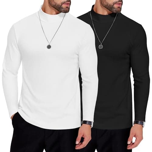 COOFANDY Mens Mock Neck Shirts 2 Pack Fleece Long Sleeve Basic Turtle Neck Shirt