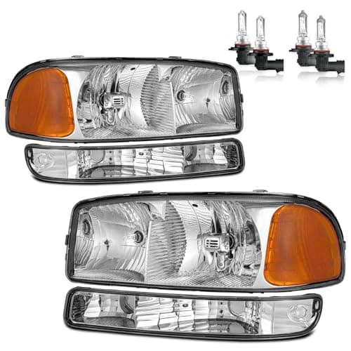 ROADEAL Headlights W/Bulbs for 1999-2007 GMC Sierra, for 2000-2006 GMC Yukon Halogen Headlamp Replacement Driver & Passenger Side
