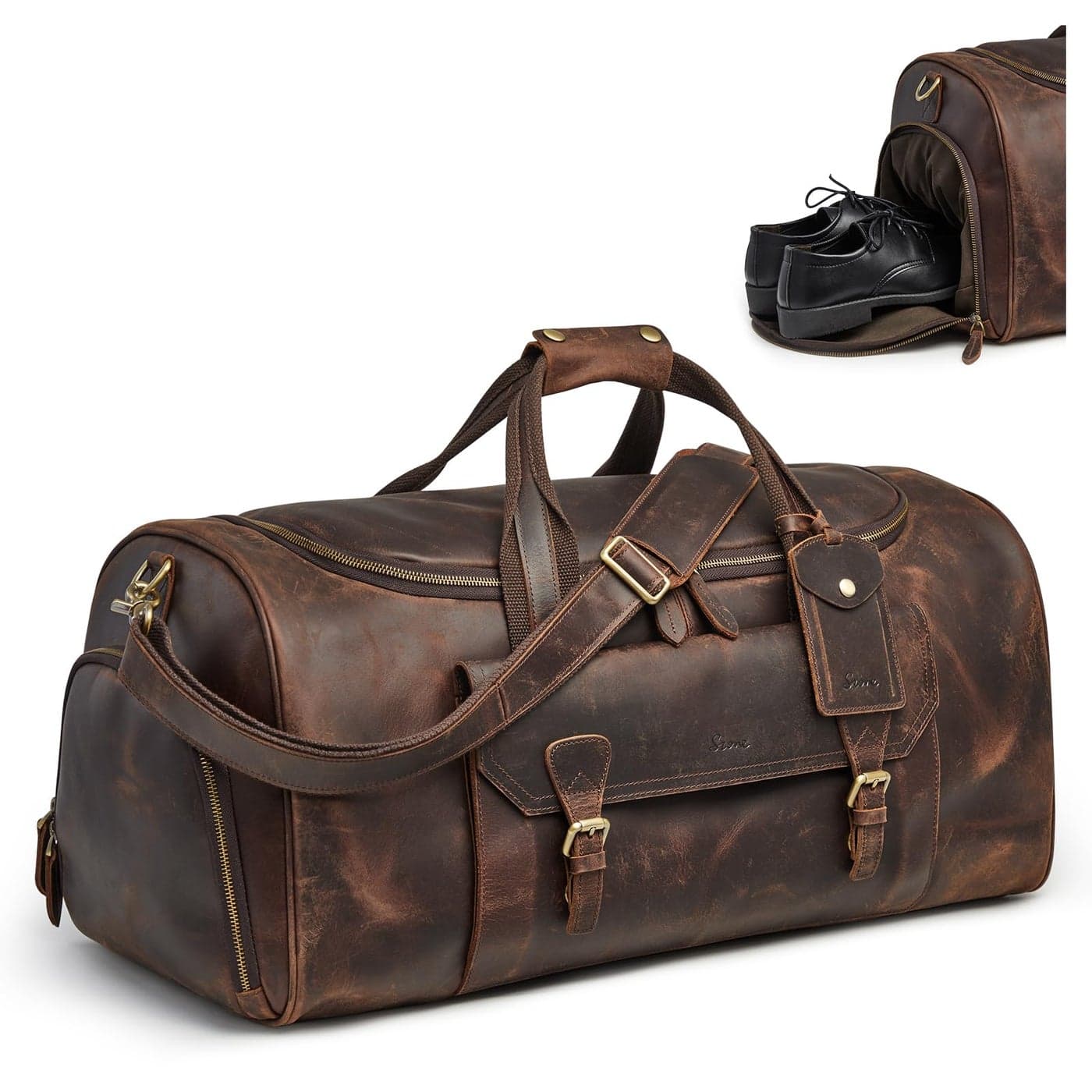 S-ZONE Genuine Leather Travel Duffle Bags for Men Women Carry On Garment Weekender Bags(Dark Brown)
