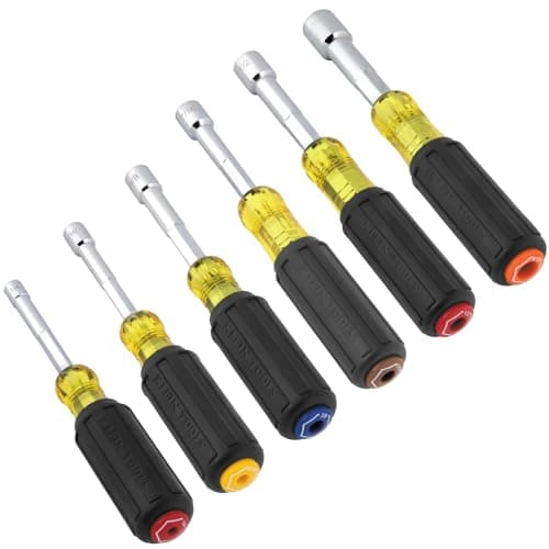 Klein Tools 65456 HollowShaft Nut Driver Set HeavyDuty ColorCoded Hex Sizes 14 to 916Inch CushionGrip Handles 6Piece