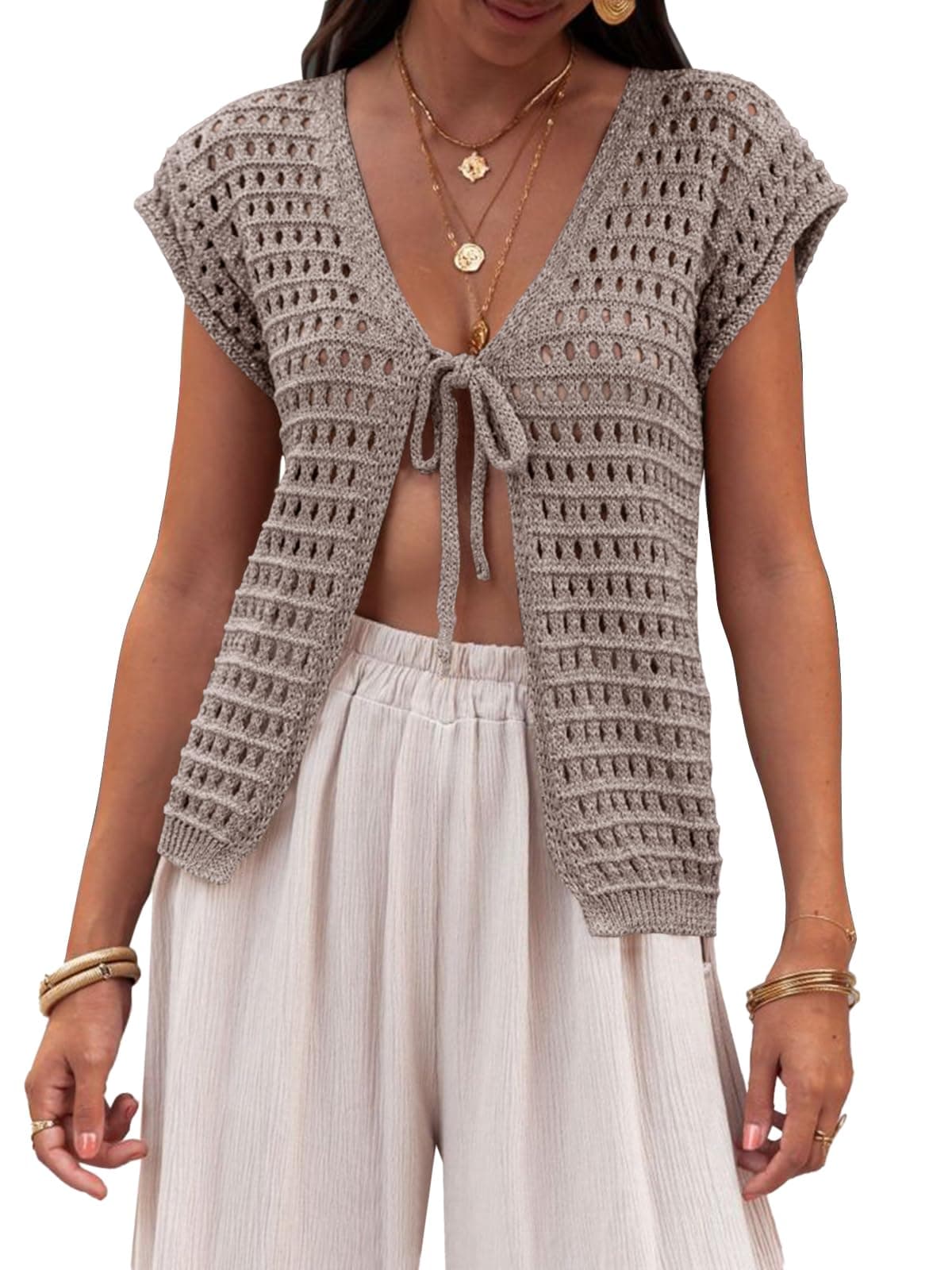 Saodimallsu Womens Tie Crochet Shrug Short Sleeve Open Front Lightweight Knit Cropped Cardigan Sweaters Cover Up