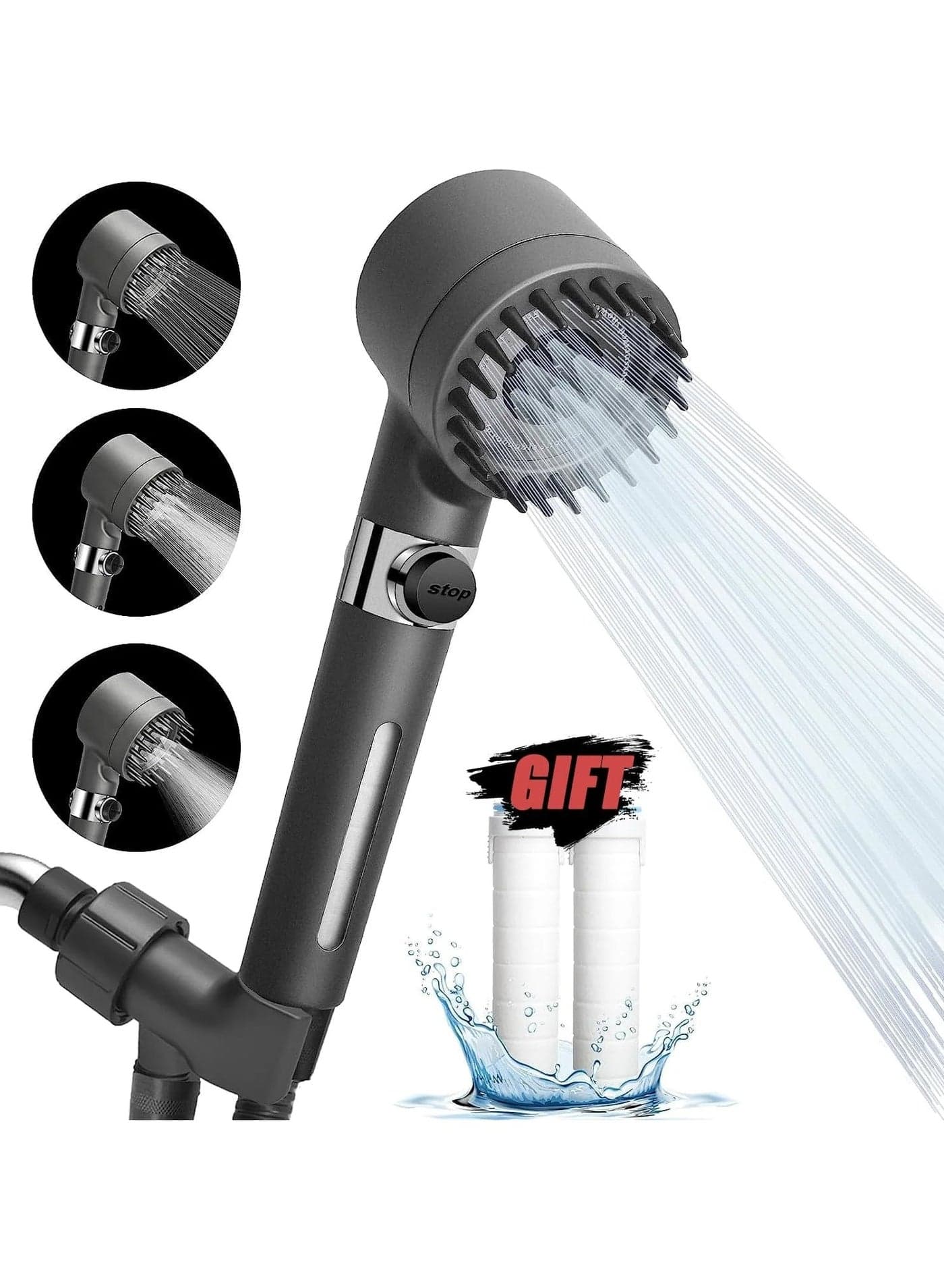 Handheld Filtered Massage Shower Head, Complete Showerhead Combo Set with 1.5m Hose and Bracket. Enjoy High Pressure, Impurity Removal, Hair Fall Prevention, and 3 Soothing Spray Modes.