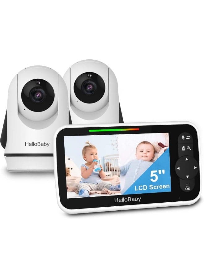 HelloBaby Video Baby Monitor with 2 Cameras and 5 Inch Split Screen Display, Remote Control Cameras with Night Vision and Temperature Monitoring