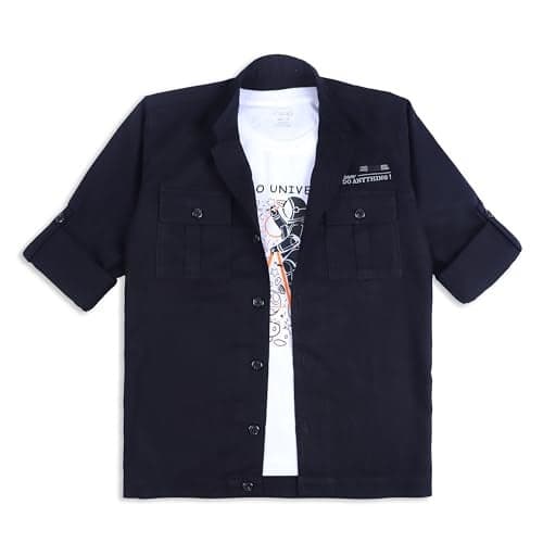 CAVIO Boys Regular Fit Casual Cotton Shirt and T-Shirt Black