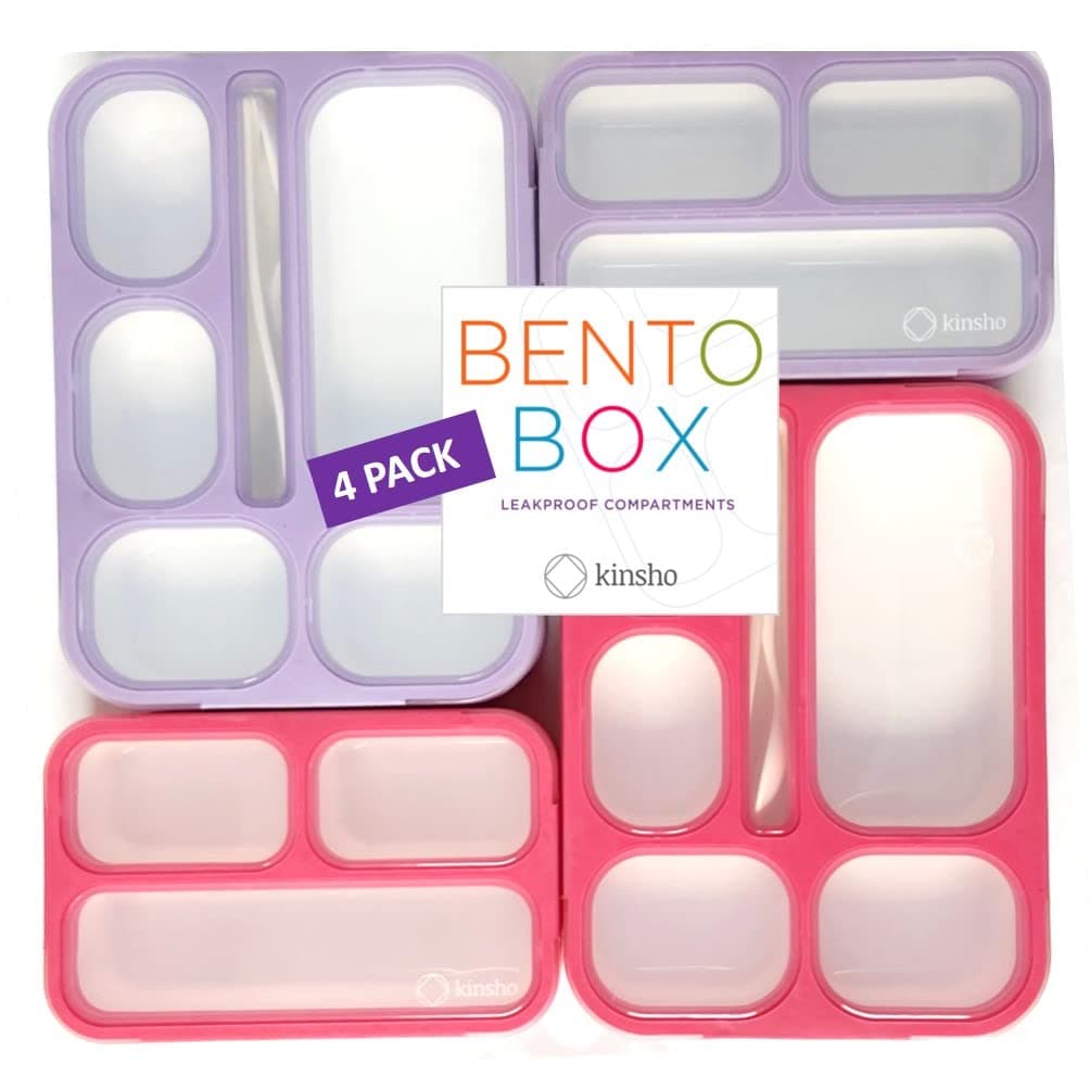 kinsho Bento Box Lunch Boxes and Snack Containers Value Pack for Kids Girls Boys Leakproof Portion Boxes for School PreSchool Toddler Daycare Travel BPA Free Set of 4 Pink Purple