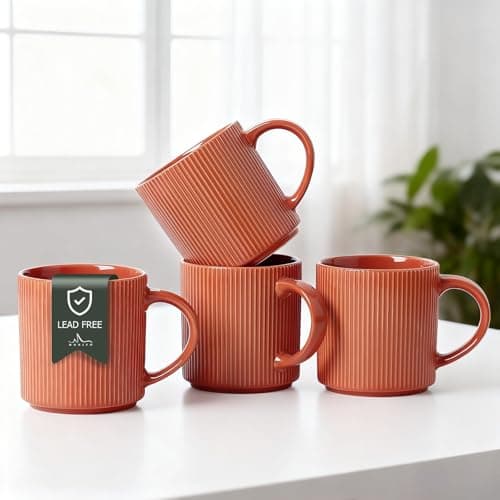 MONITO 16Oz Coffee Mugs Set of 4, Rustic Ceramic Coffee Cups Set with Large Handle, Vintage Striped Stoneware Coffee Mugs for Latte, Cocoa, Tea, Milk, Microwave & Dishwasher Safe, BRICK RED