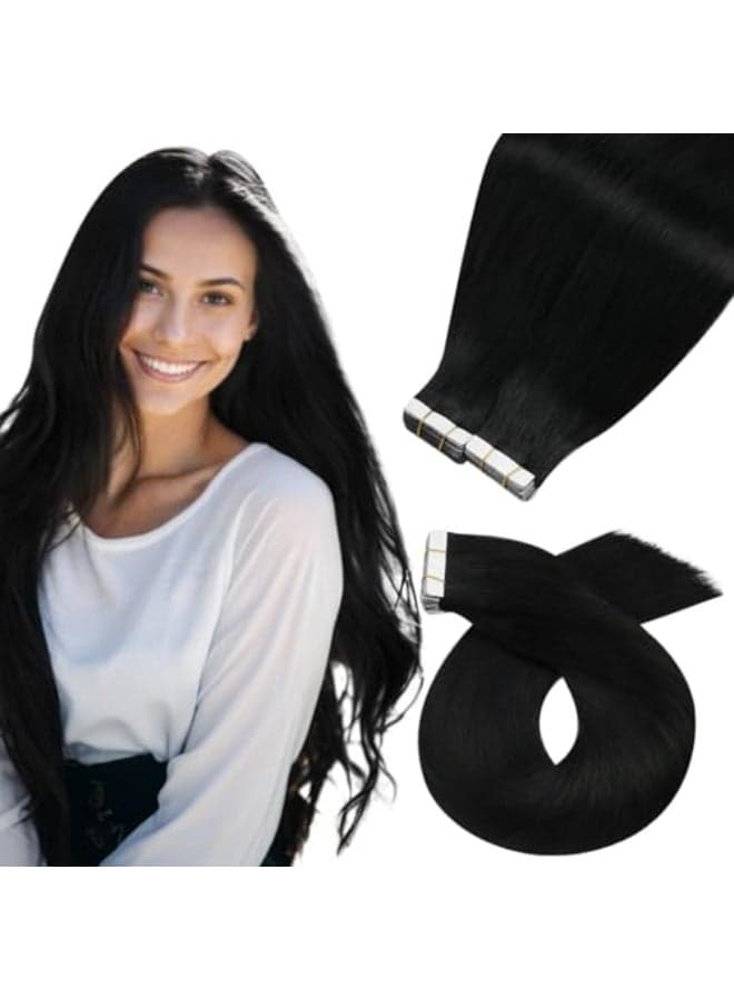 Moresoo Black Tape in Human Hair Extensions Jet Black Tape in Hair Extensions Real Human Hair Invisible Glue in Extensions Straight Real Hair Extensions 1 40 Pieces 80g 14 Inch