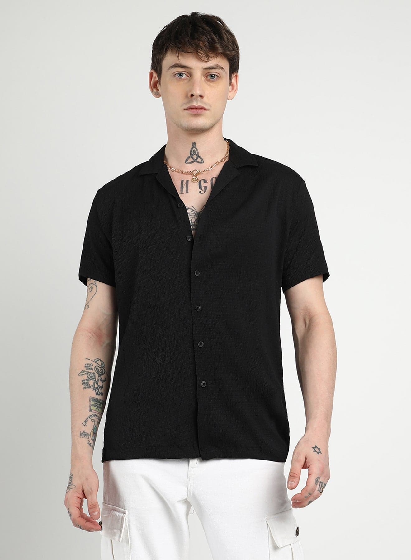 Men's Onyx Black Creased Shirt For Casual Wear | Cuban Collar | Short Sleeve | Button Closure | Shirt Crafted With Comfort Fit For Everyday Wear