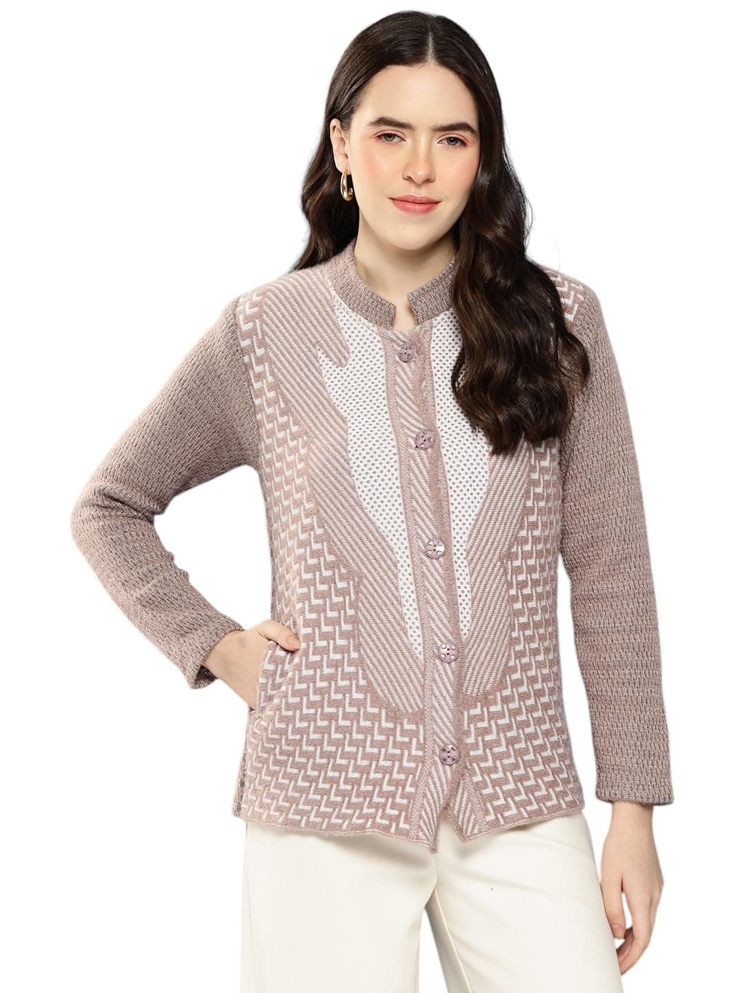 Aarika Womens Casual Wear Beige Colour Zig Zag Woolen Cardigan-(S-L)-(CG-W-MD-20-BEIGE-L)