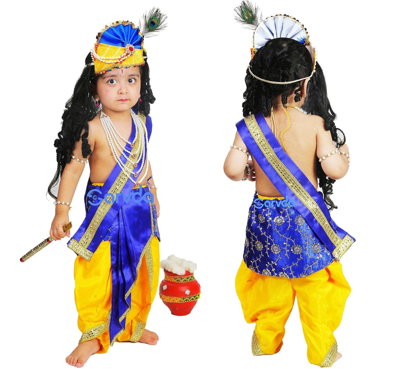 Sarvda Shree Krishna Dress for Kids for Baby Boy Radha Dress for Girls with Accessories Dhoti, Dupatta, Mukut Flute Complete set