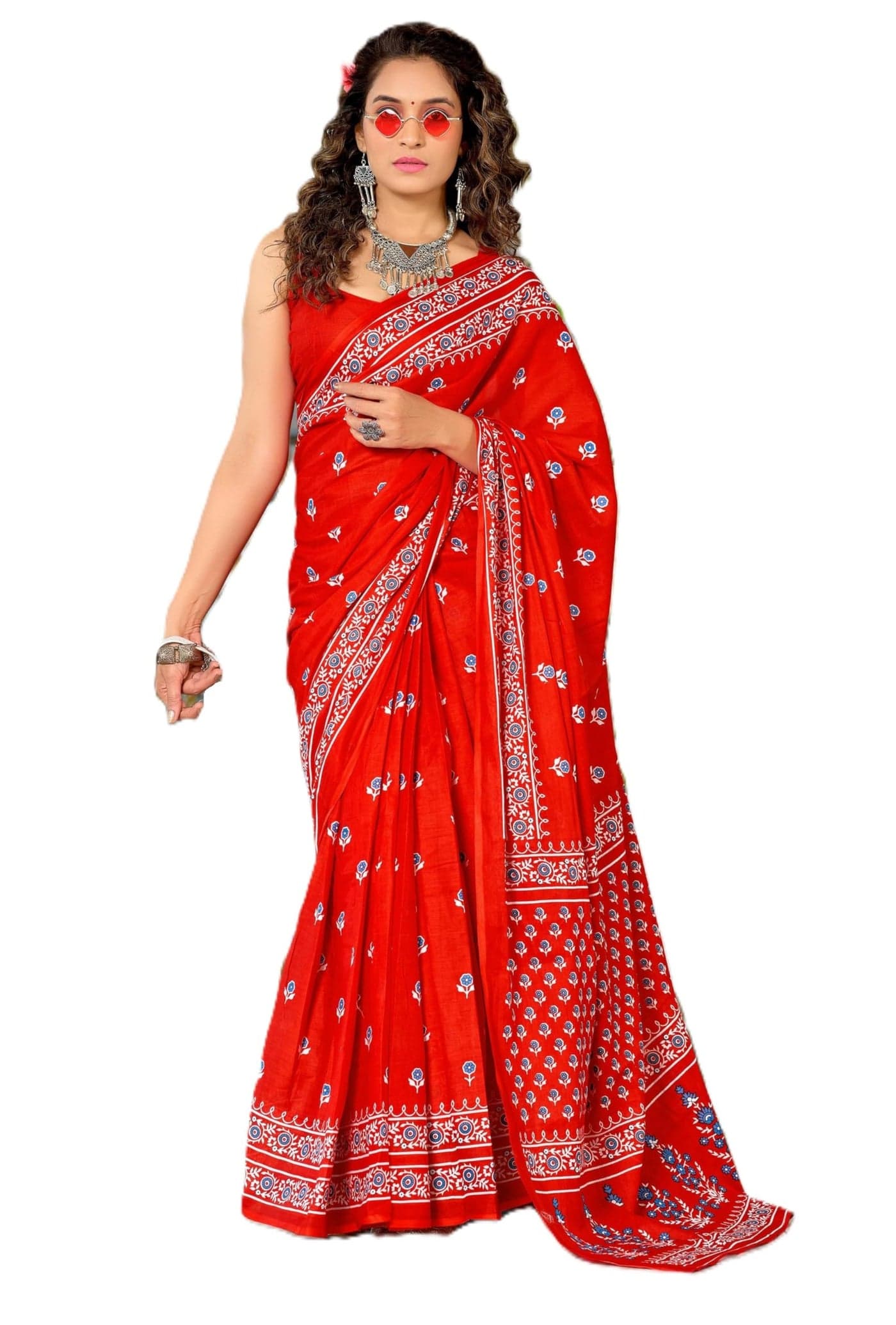 Panzora Women's Mulmul Cotton Block Print Ready to Wear One minute Saree With Unstitched Blouse Piece