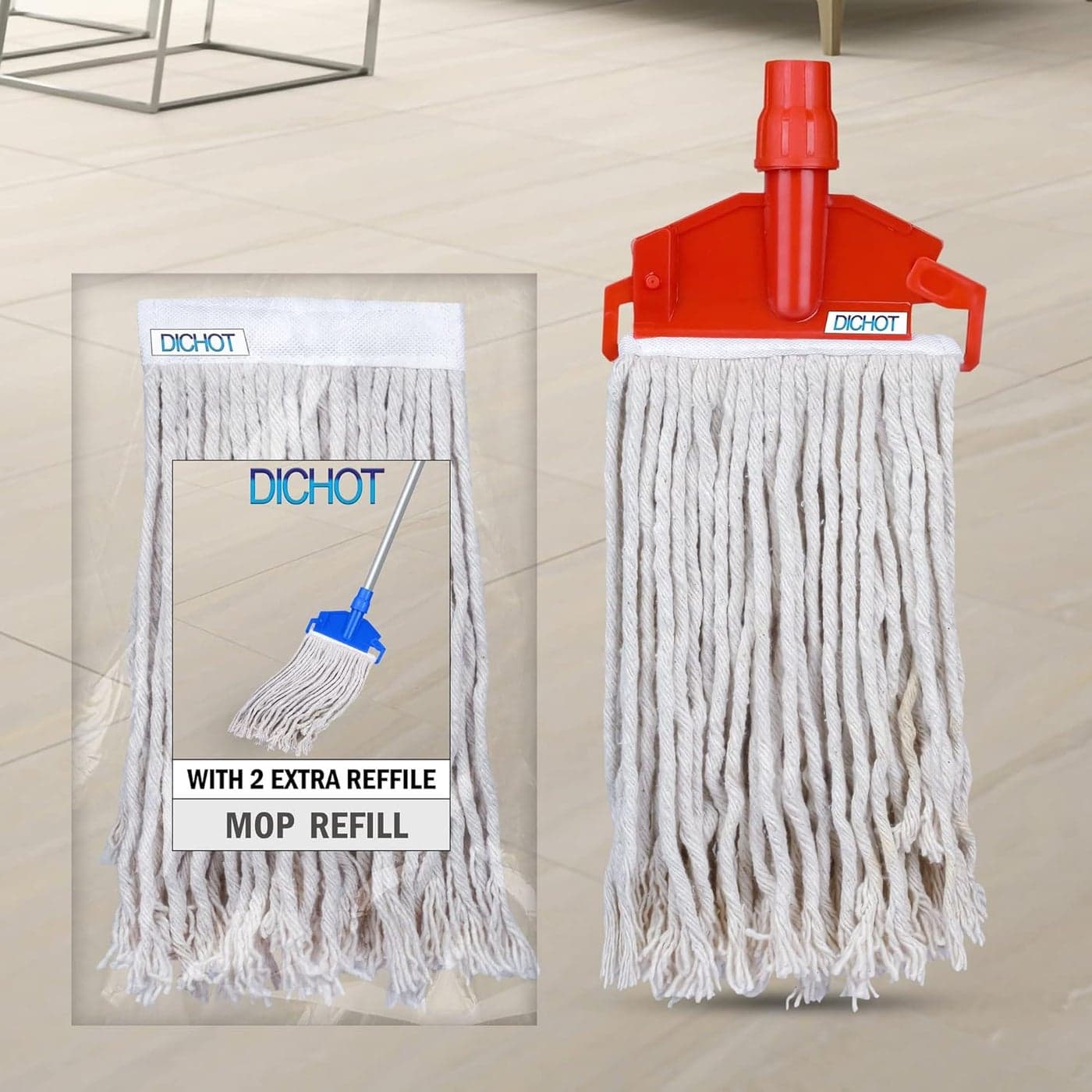 DICHOT Wet Mop Refill 300 GM with Clip and Check Duster Cloth RED Pack of 3