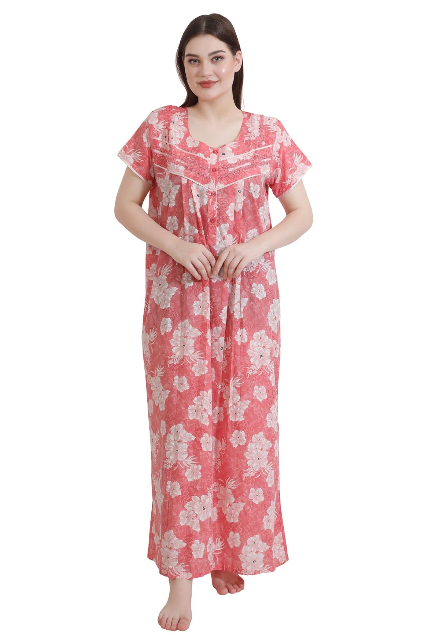 GLAMORAS Bizzy Lizzy Cotton Nighty Gown with Side Pocket for Women | Regular, Printed & Full Length Maxi Night Gown | Night Wear Maxi Gown for Women | Size: L Orange