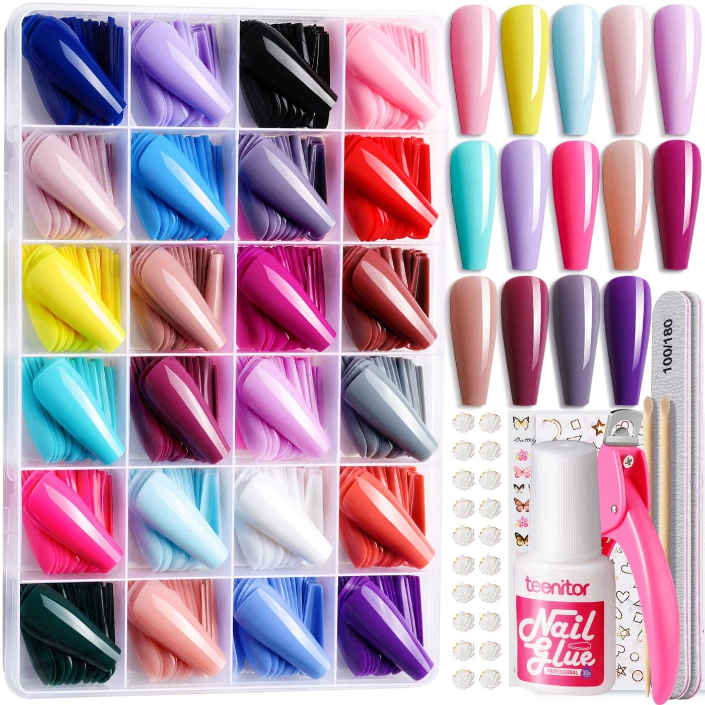 Teenitor Full Cover Color Press On Coffin Nails 576pcs Fake Nail Tips in 24 Colors Glue On Long Ballerina False Nails