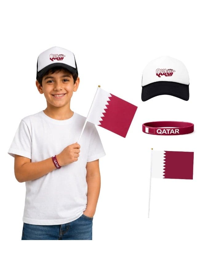 Qatar Soccer Kids Combo Set | Pack of 3 | Cap, Hand Flag, Silicone Wristband | Sports Match Wear for Boys and Girls