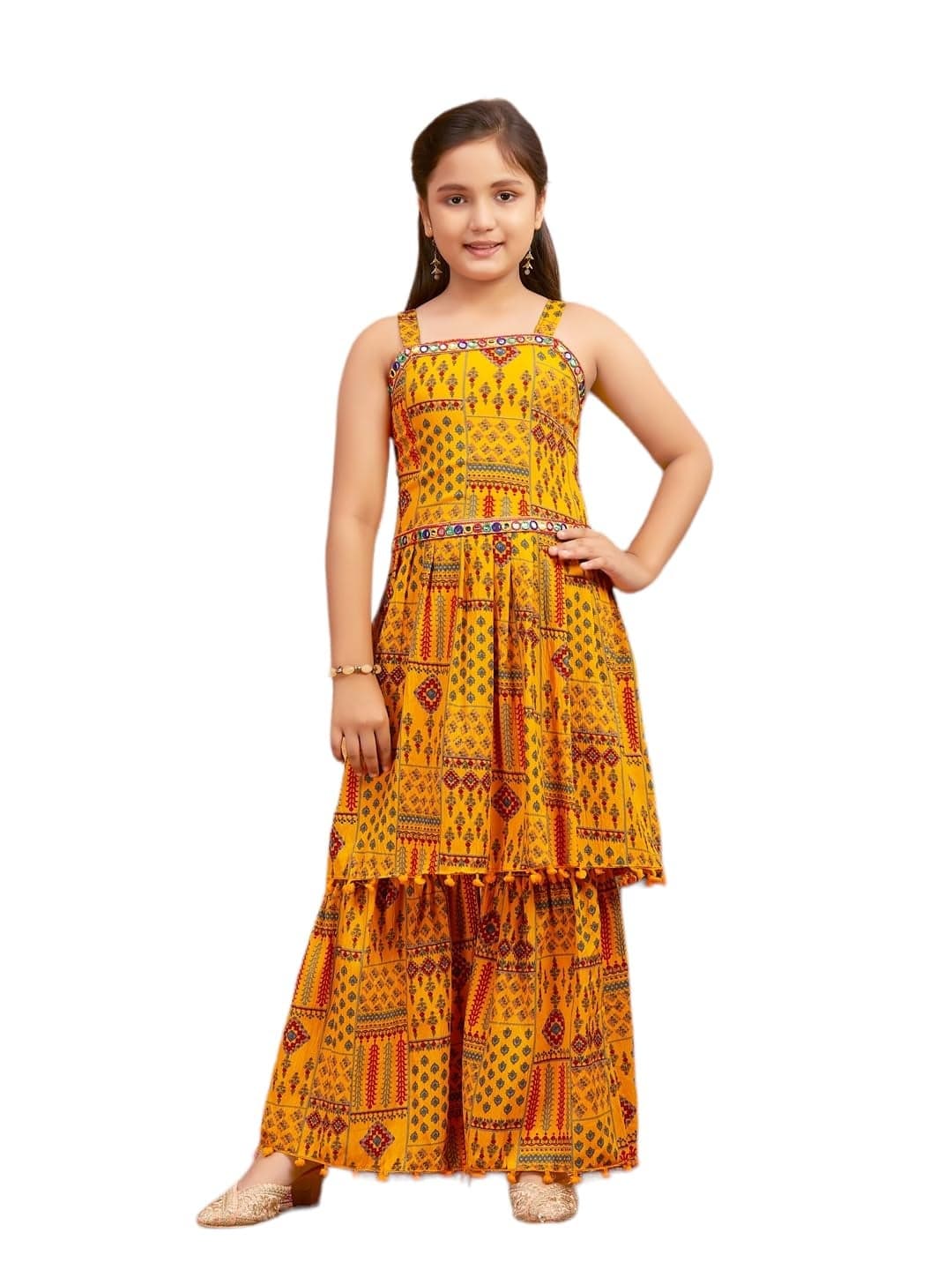 Aarika Girls Ethnic Wear Yellow Colour Printed Mirror Lace Polyester Kurti Sharara Set (10-15 Years)