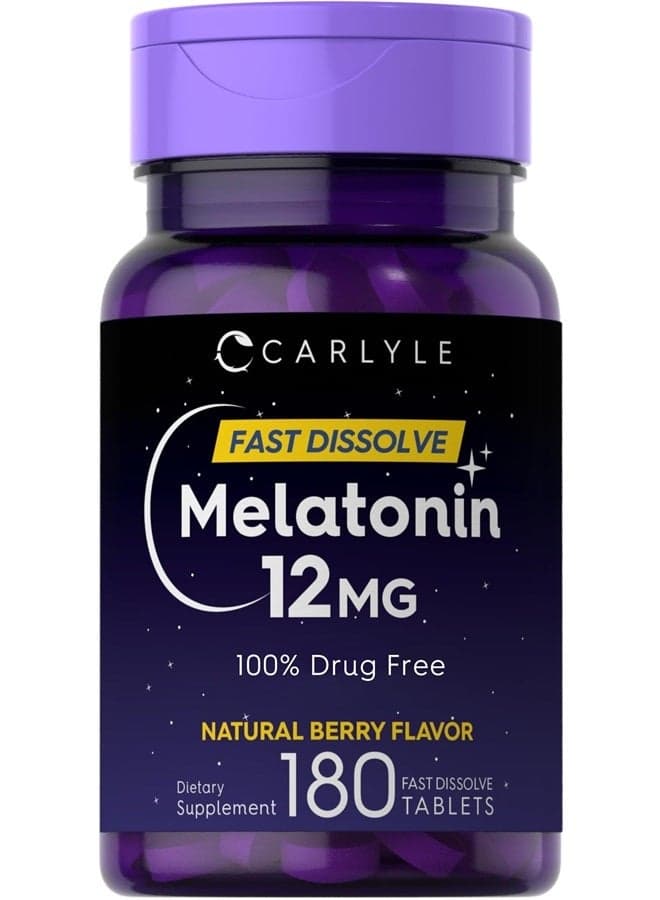 Melatonin 12 mg Fast Dissolve 180 Tablets | Drug Free | Natural Berry Flavor | Vegetarian, Non-GMO, Gluten Free