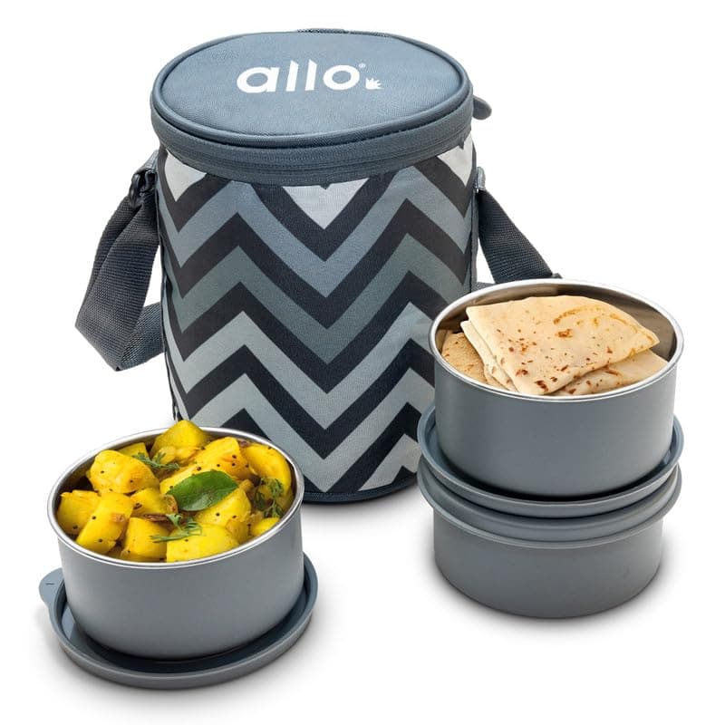 Allo Stainless Steel Lunch Box for Office with Bag, Microwave Safe AirTight & Leak Proof Tiffin for Office, School, College, Set of 3 (300ml x 3) with Chevron Grey Bag