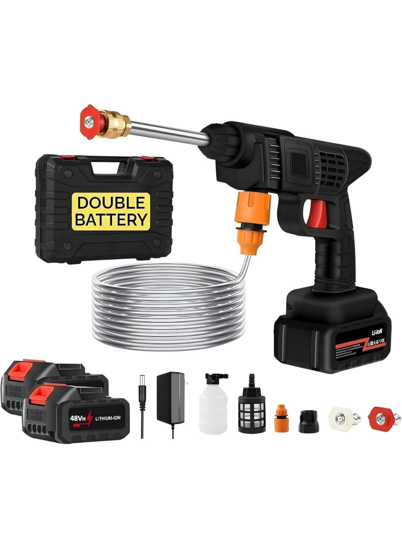 Cordless Electric Power Washer 48V, 2 Batteries, Long Hose, Multiple Spray Heads, Perfect for Car Wash, Windows, Outdoor & Camping Cleaning