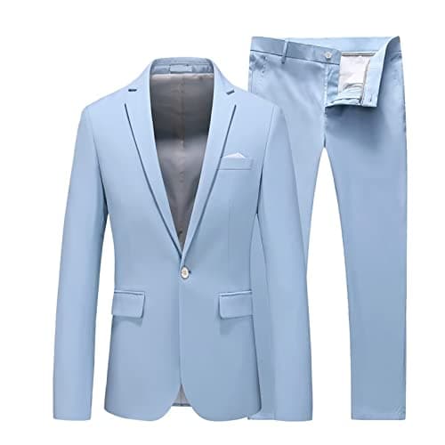 UNINUKOO Mens Suit Slim Fit 1 Button 2 Piece Wedding Party Holiday Solid Color Tux Suits for Men US Size 30 Sky Blue