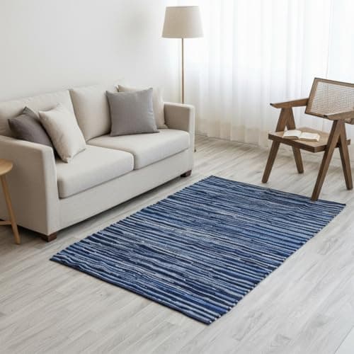 HOMEMONDE Polyester Chindi 3 X 5 Feet Floor Rectangular Rugs Boho Striped Reversible Handmade Rug for Farmhouse, Living Room, Kitchen - (24 X 60 Inch, Navy Blue)