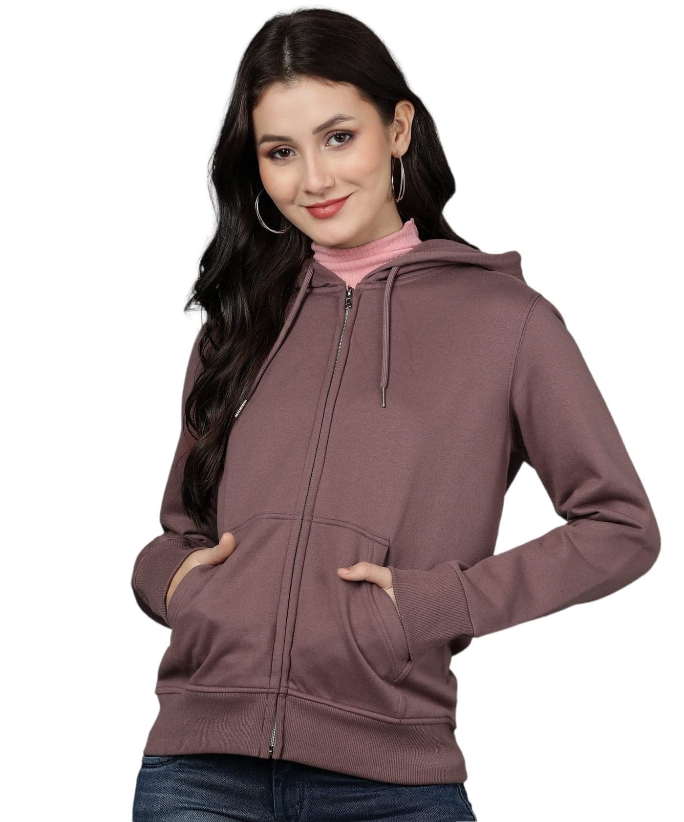 Alan Jones Clothing Women's Solid Zipper Hooded Sweatshirt | Front Zip, Ribbed Hem, Lined Hood, Casual Winter Wear (Vinegar_S)