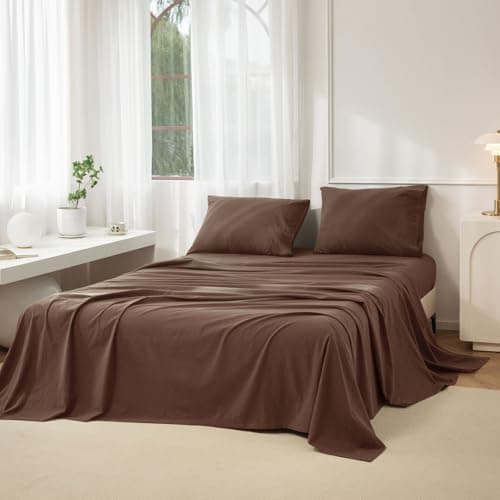 JIYUAN Queen Size Sheet Set, 4-Piece - 100% Washed Cotton, Linen-Like Soft & Breathable, Includes Deep Pocket Fitted & Flat Sheet with 2 Pillowcases, Hotel Quality, Solid Chocolate Brown