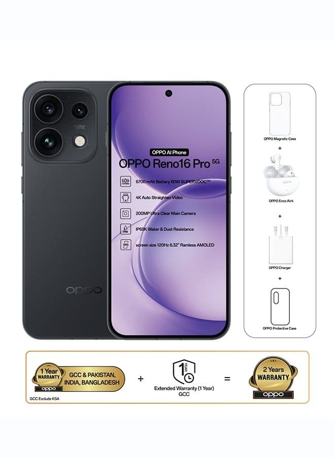 Reno16 Pro AI Phone Dual SIM 5G Staright Black 12GB RAM 512GB With OPPO Enco Air4 + OPPO Magnetic Case - Middle East Version