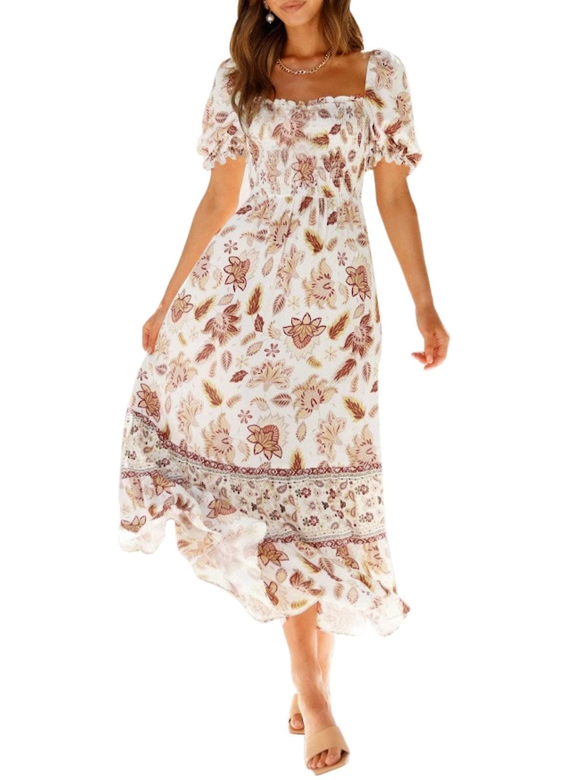 ZESICA Women's 2025 Summer Boho Floral Print Square Neck Ruffle Swing Beach Long Maxi Dress,Ivory,X-Large