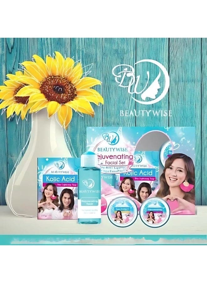 Beauty wise Rejuvenating Facial Skin Care Kit with Kojic Acid Cleansing Soap, Facial Toner, Rejuvenating Face Cream and Sun Protection Cream, Complete Beauty Set for Women, Daily Cleansing and Smooth Looking Skin