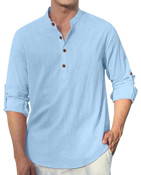 Macsivo Men's Cotton Blend Solid Short Kurta with Mandarin Collar Full Sleeve Button Closure Curved Hem Regular Fit | Kurta for Men Stylish Sky